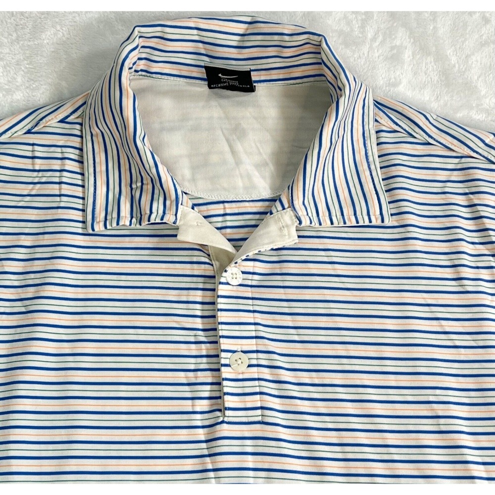 Nike Golf Polo Shirt Men Large White Blue Orange Stripe Vintage 90s Y2K Dri-FIT